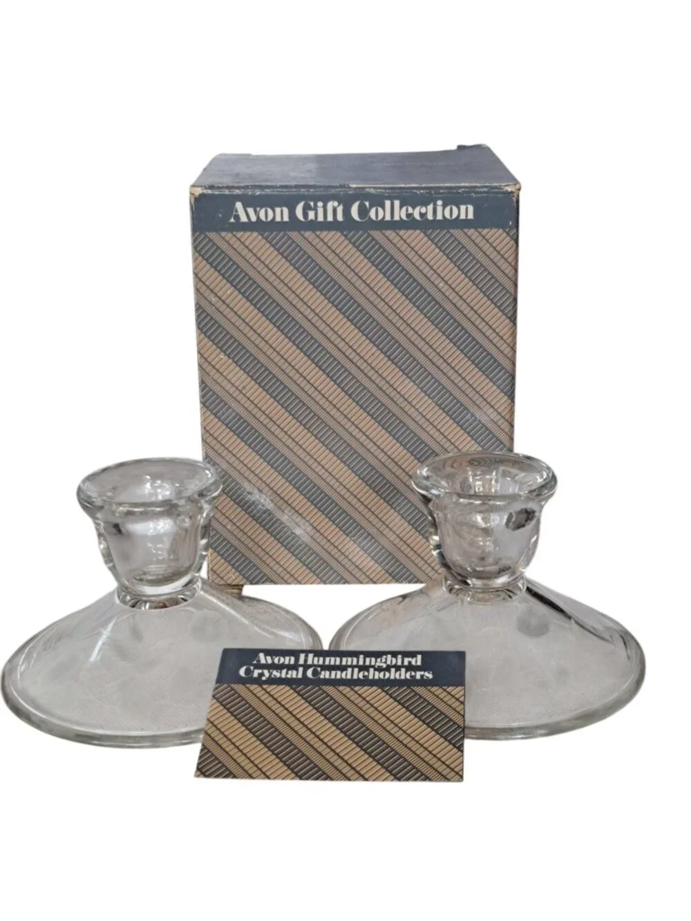 2 Vintage Crystal Hummingbird Candle Holders - Avon 24% Etched Lead Crystal